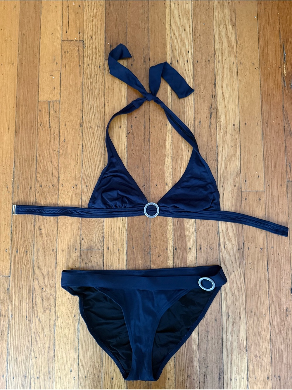 Navy Halter Bikini Set with Silver Accent & Bonus Striped Top